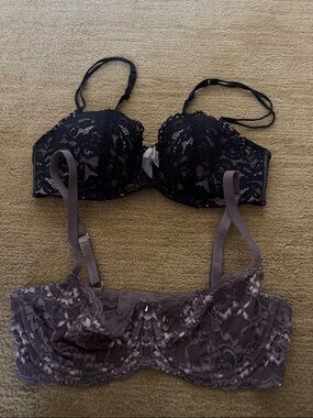 Black Lace Push-Up Bra & Taupe Lace Underwire Bra - Women Intimates